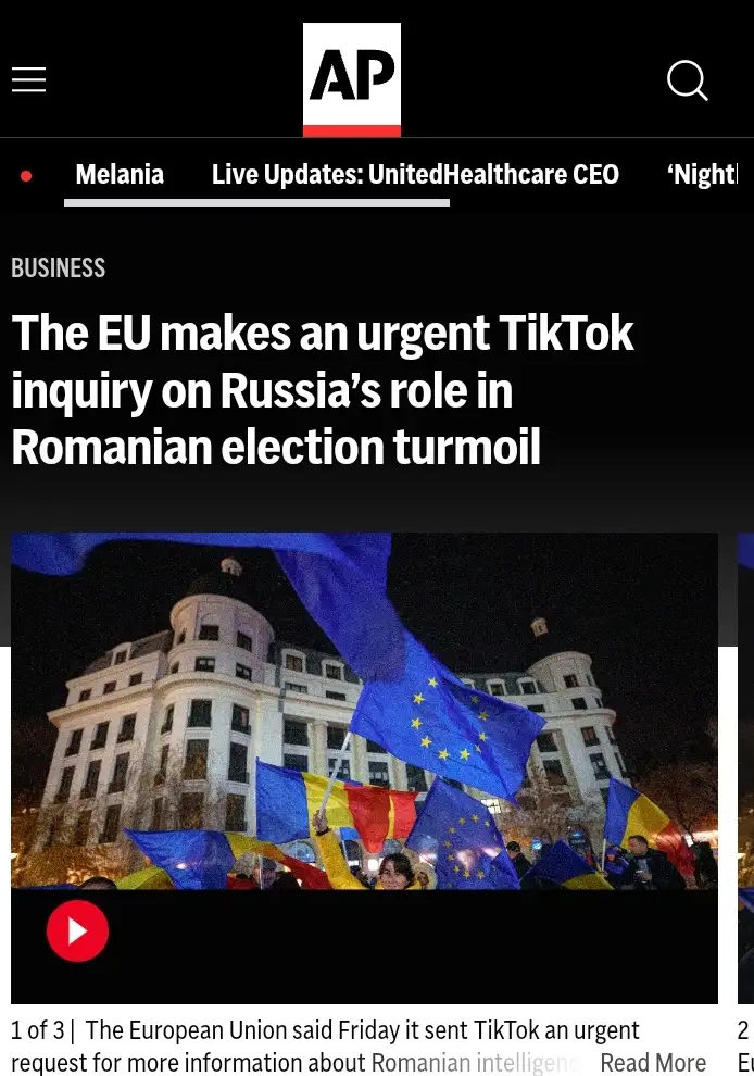 A screenshot of an Associated Press news article header showing a headline about the EU sending a TikTok inquiry regarding…