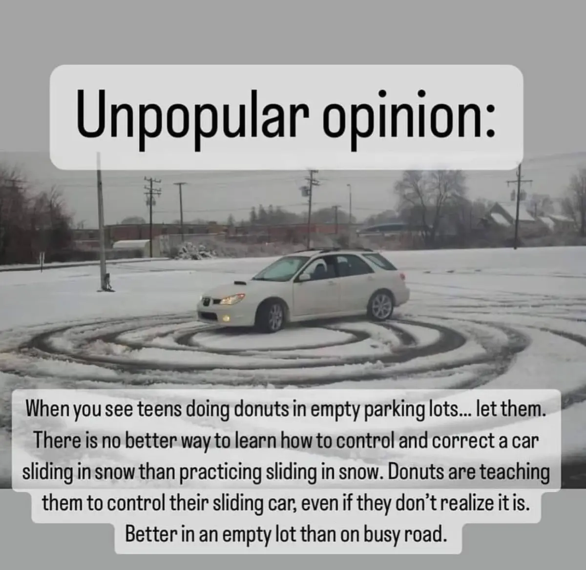 A white car is shown drifting in a spiral pattern on a snow-covered parking lot, leaving dark tire tracks. Overlaid text…