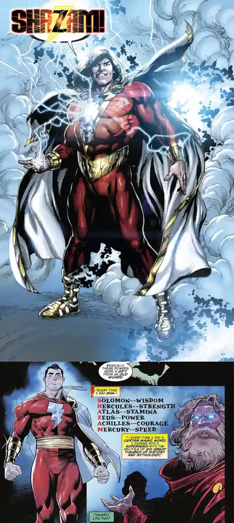 The image shows the superhero Shazam in his classic red and gold costume with a white cape, surrounded by lightning and…