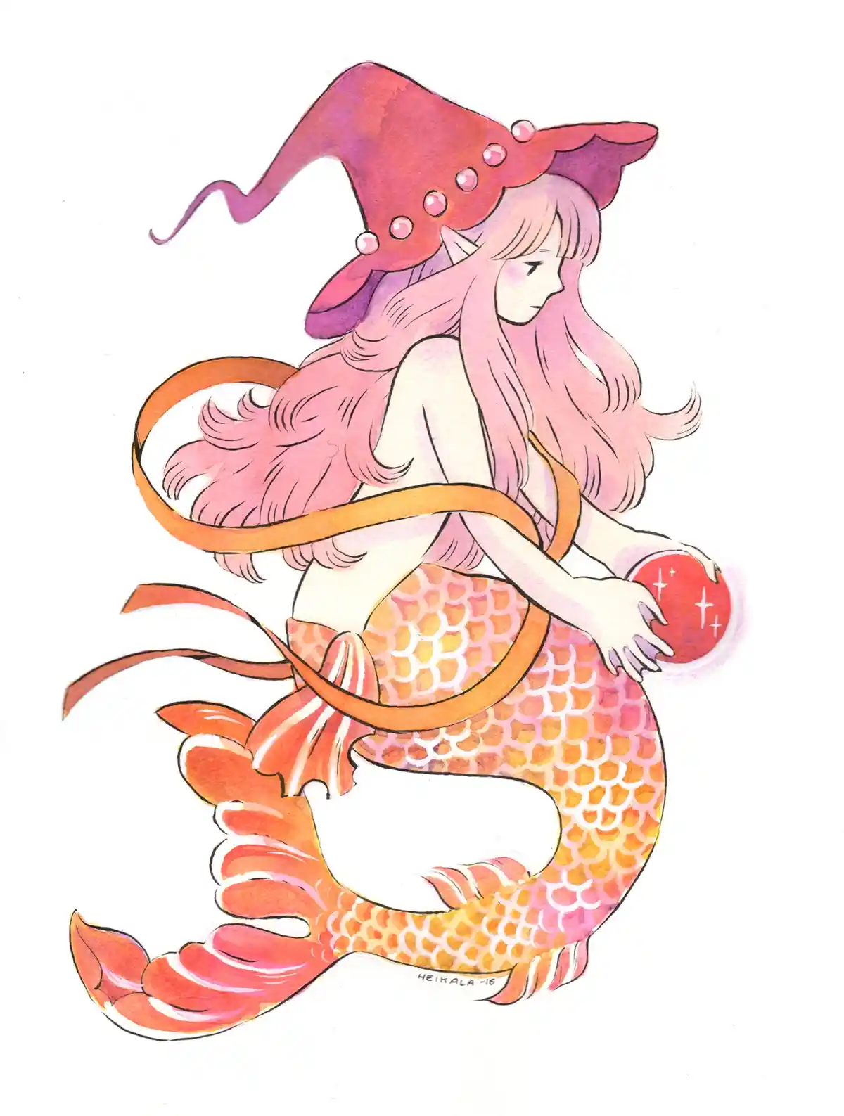 A watercolor illustration of a pink-haired mermaid with a fish tail, wearing a large, pointed witch's hat adorned with…