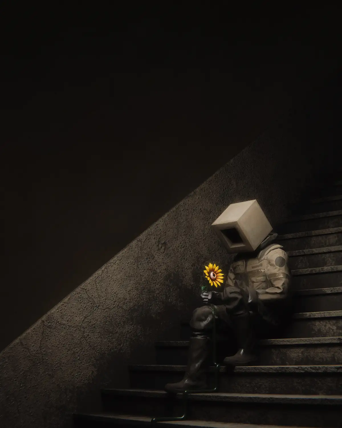 A figure with a beige cube head and a dark, textured uniform sits alone on a dimly lit concrete staircase, holding a bright…