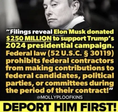 A black-and-white image of Elon Musk looking serious, overlaid with yellow text claiming he donated $250 million to Trump's…