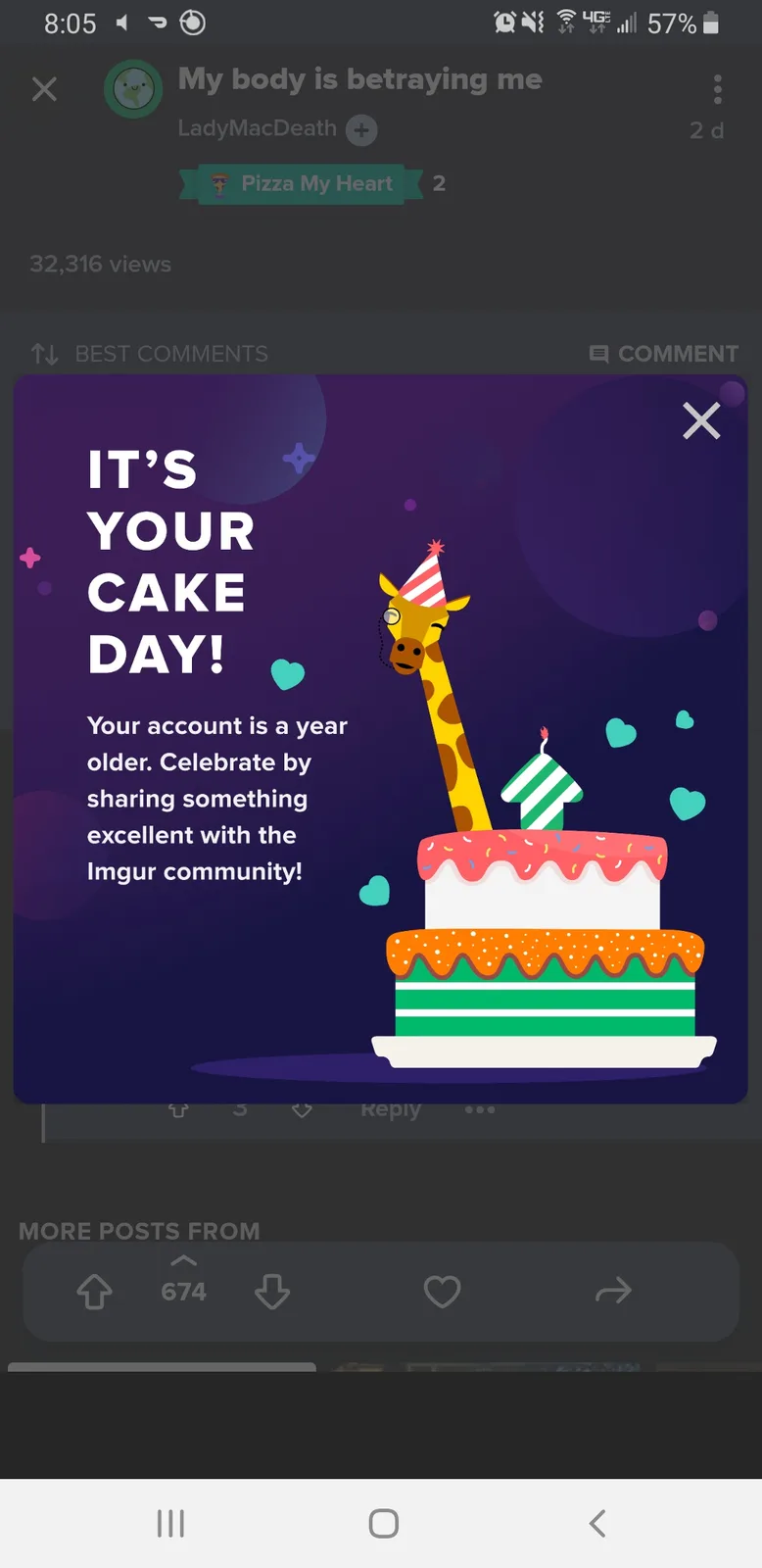 A celebratory pop-up from Imgur featuring a cartoon giraffe wearing a party hat, standing next to a two-tiered birthday cake…