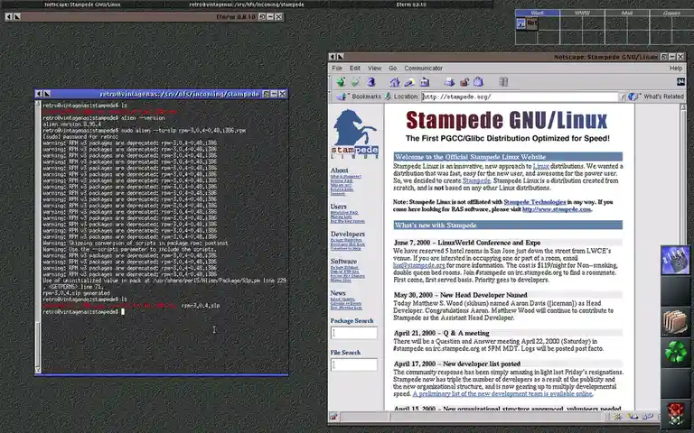 A screenshot of a 2000s Linux desktop with two windows: one terminal showing repeated 'warning: RPM v3 packages are…