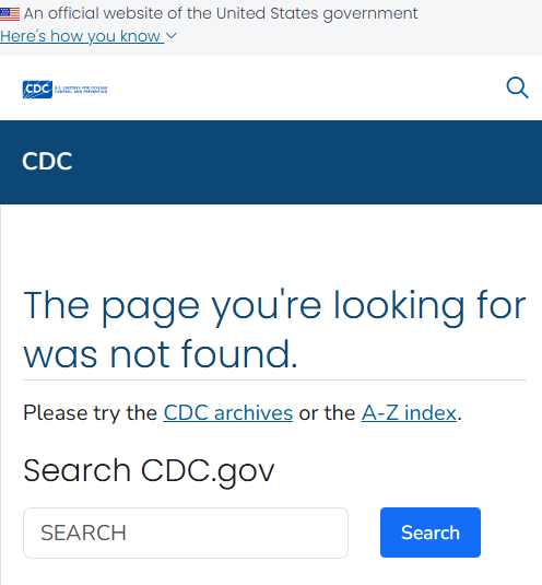 A screenshot of the CDC.gov website showing a '404 Not Found' error page with the message 'The page you're looking for was…