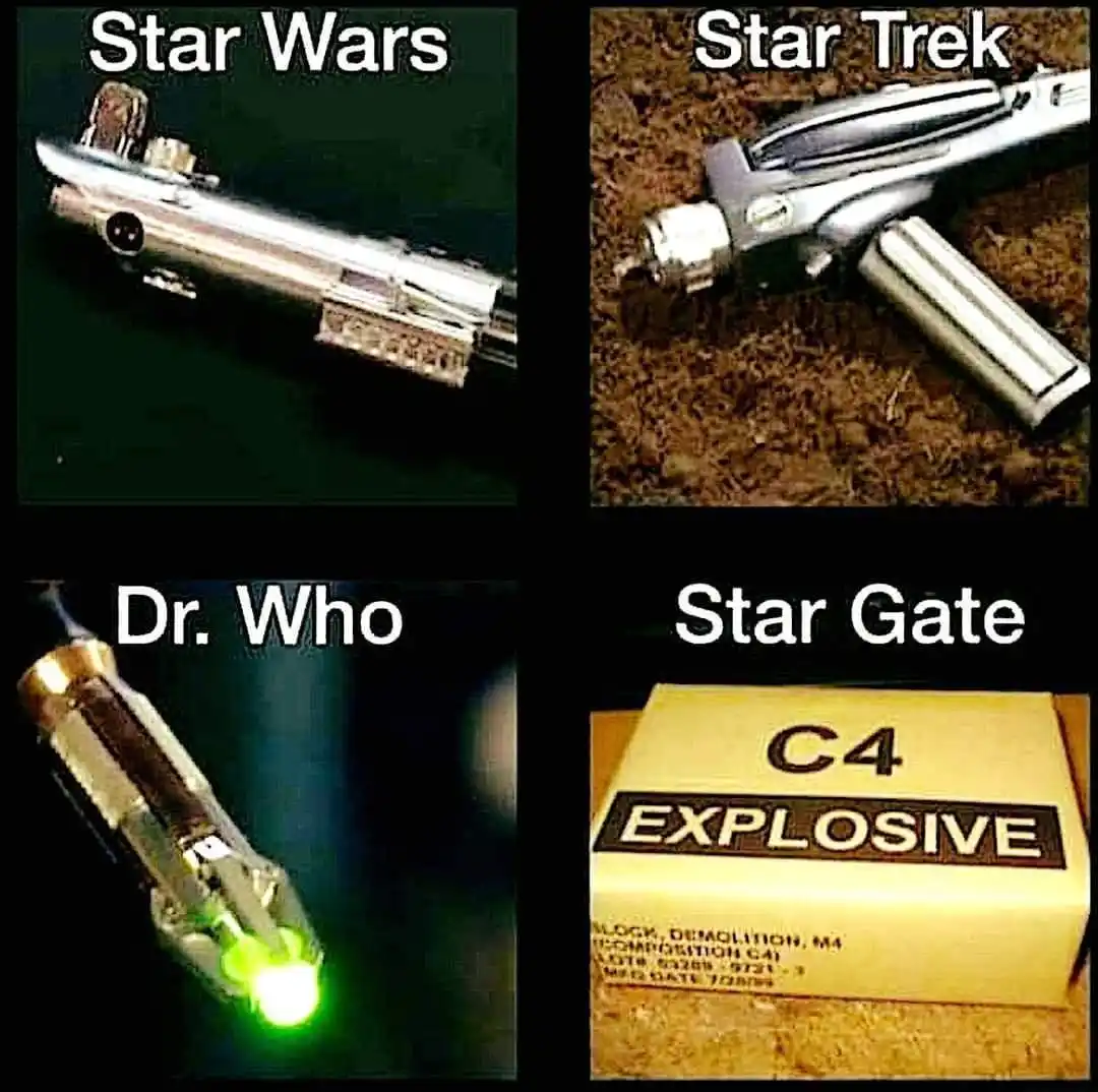 A four-panel image compares sci-fi props: a Star Wars blaster, a Star Trek phaser, a Dr. Who sonic screwdriver, and a box of…