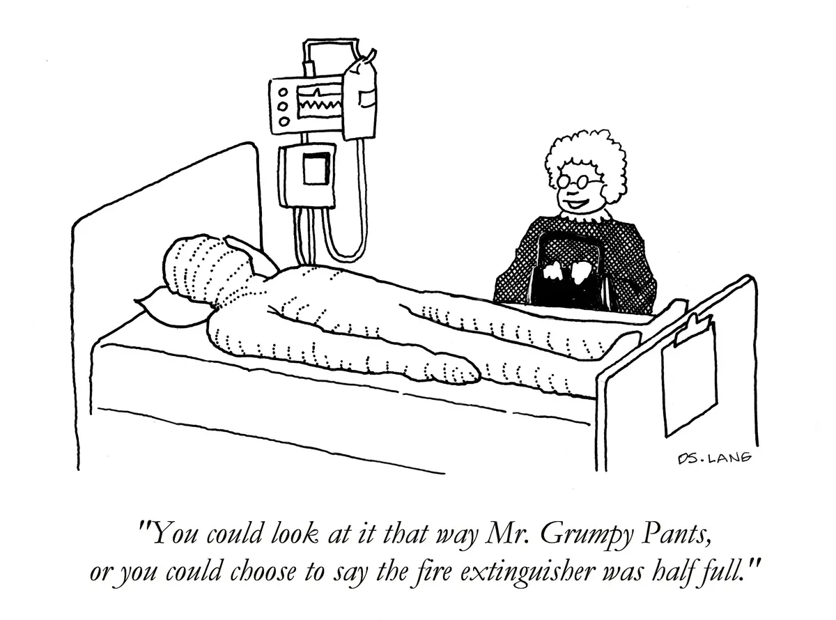 A black-and-white cartoon shows a patient lying in a hospital bed with medical equipment nearby. A smiling nurse sits beside…
