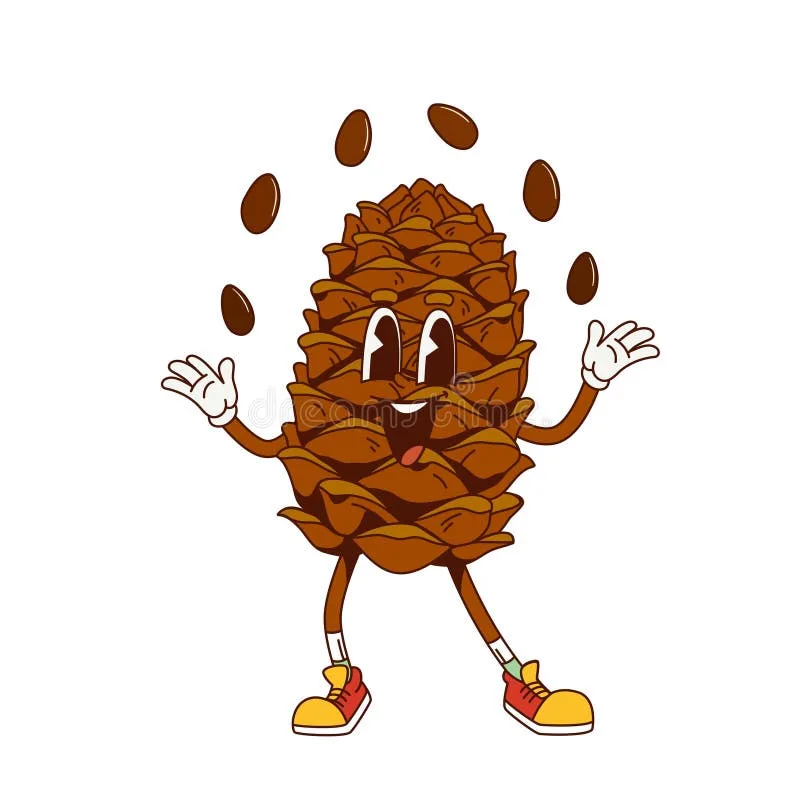 A cartoon pinecone with arms, legs, and a smiling face is juggling pinecone seeds in the air. It wears red and yellow…