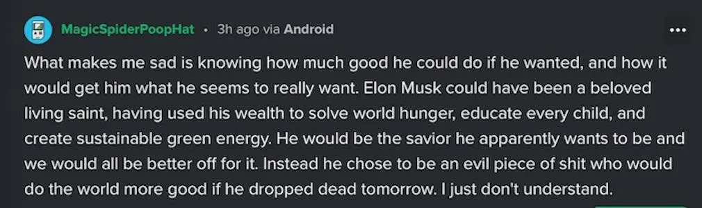 A screenshot of a dark-mode social media post by 'MagicSpiderPoopHat' expressing frustration over Elon Musk's perceived…