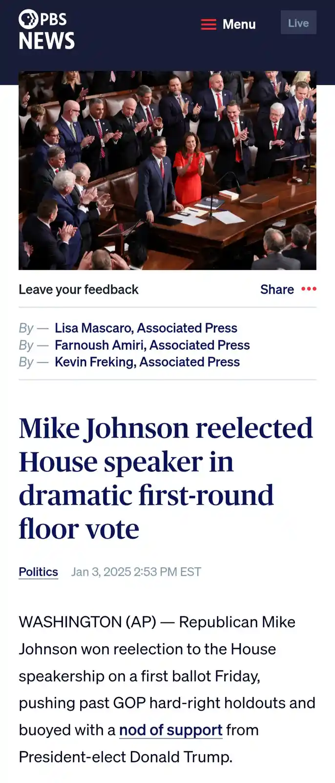 A screenshot of a PBS News article shows a photo of politicians in a congressional chamber applauding. The headline reads…