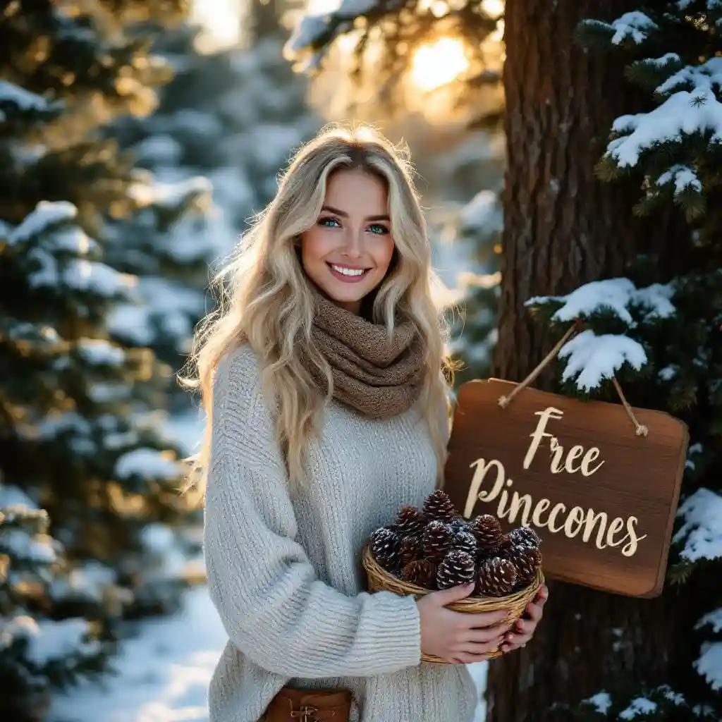 A smiling blonde woman in a cozy sweater and scarf stands in a snowy forest, holding a basket full of pinecones. Next to…