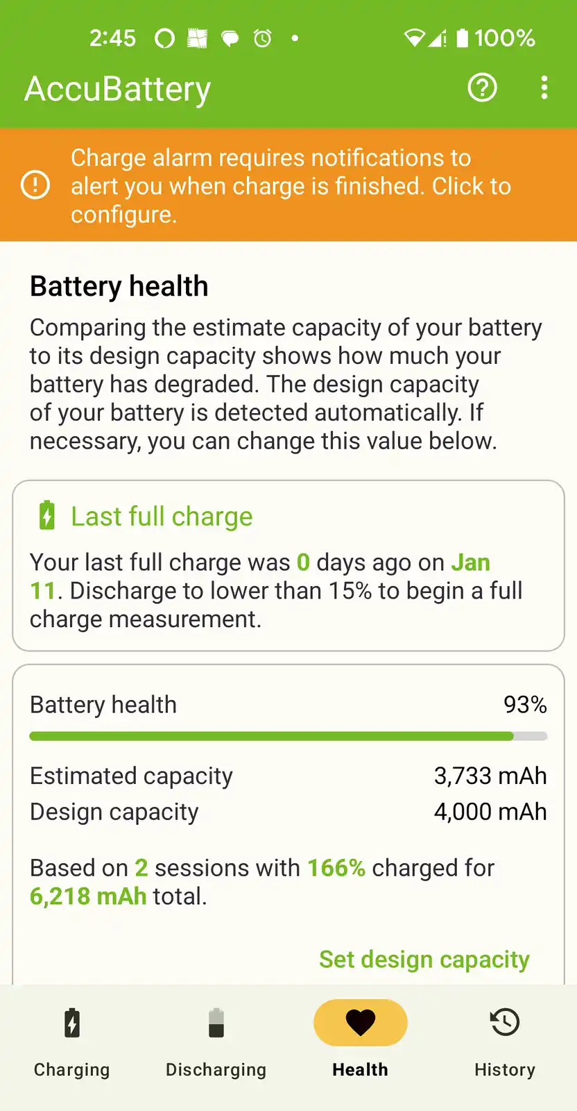 A screenshot of the AccuBattery app showing battery health at 93%, with an estimated capacity of 3,733 mAh and a design…