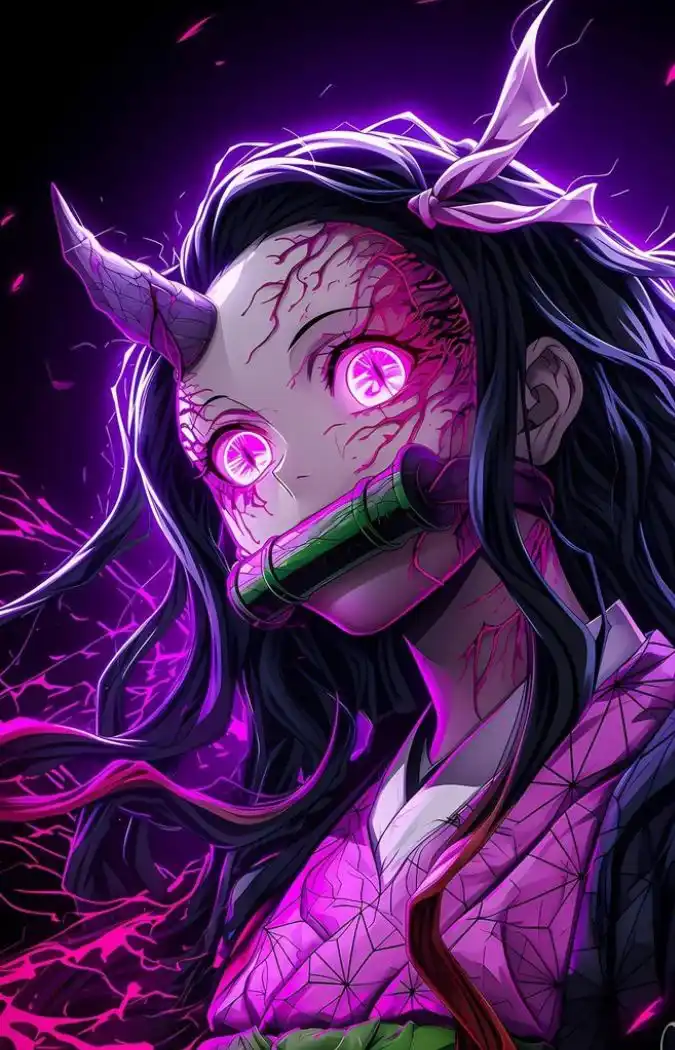 An anime-style illustration of a female demon with glowing pink eyes, a single horn, and a green bamboo sword in her mouth…