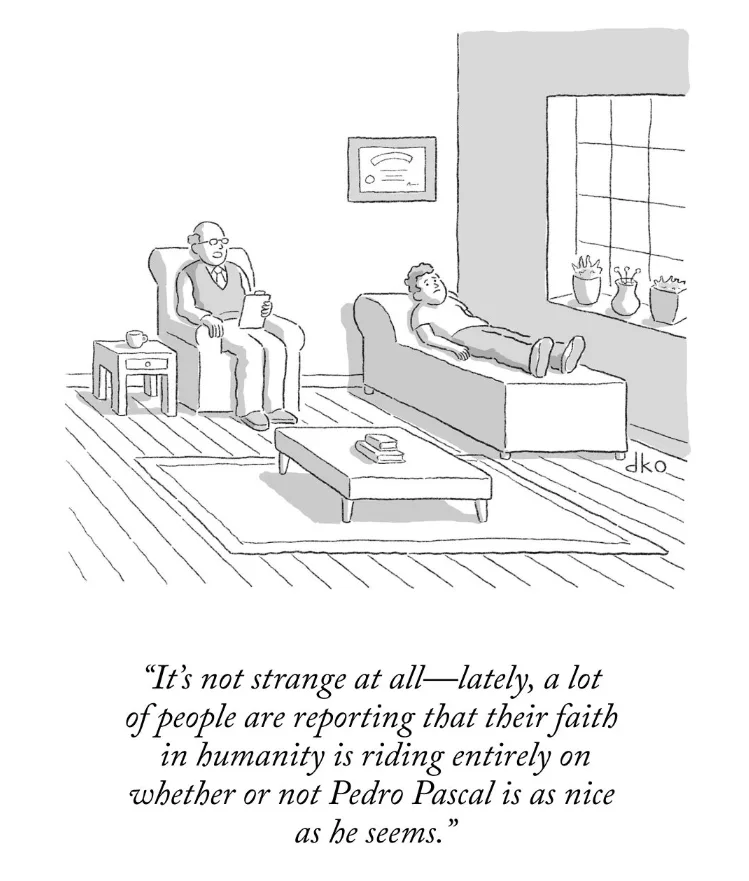 A black-and-white cartoon depicts a therapist sitting in an armchair holding a notepad, facing a patient reclining on a…
