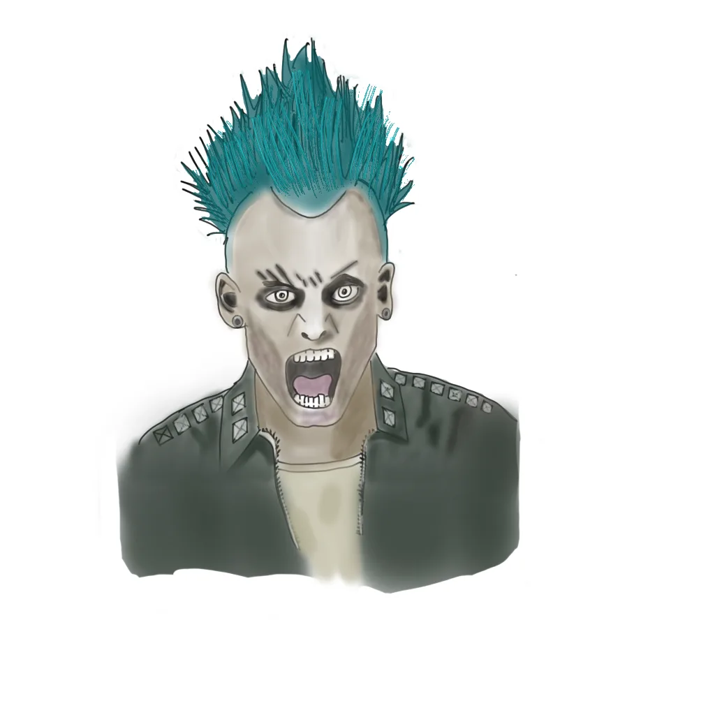 A digitally drawn punk rock character with a spiked teal mohawk, pale skin, dark eye makeup, and a studded black jacket…