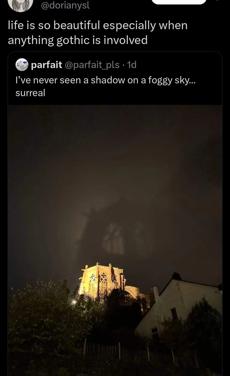 A night photo shows a gothic-style building illuminated from below, casting a large, dark, ghostly shadow of its silhouette…