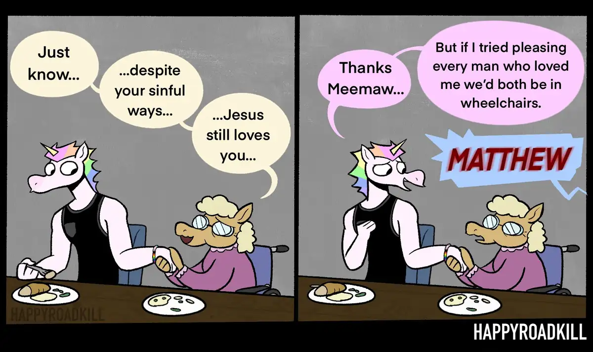 Two anthropomorphic characters, a unicorn and a sheep-like woman in a wheelchair, sit at a table eating breakfast. The…