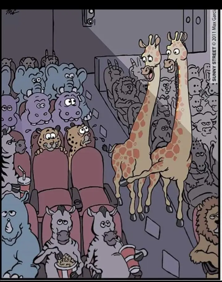 An animated cartoon depicts a crowded movie theater filled with anthropomorphic animals like hippos, zebras, and lions. Two…