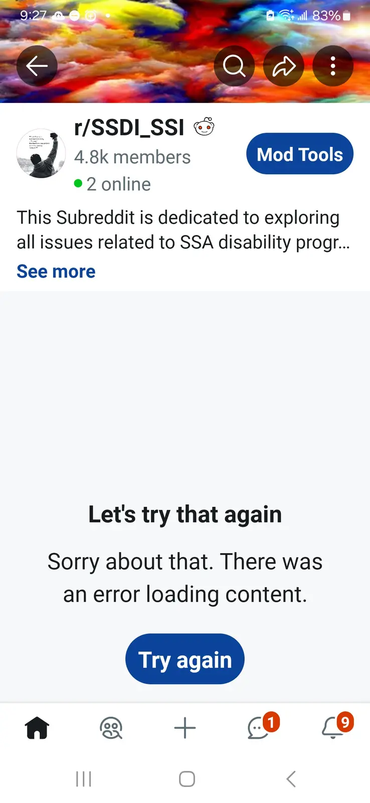 A screenshot of a Reddit app showing the subreddit r/SSDI_SSI, which has 4.8k members and 2 online users. Below the…