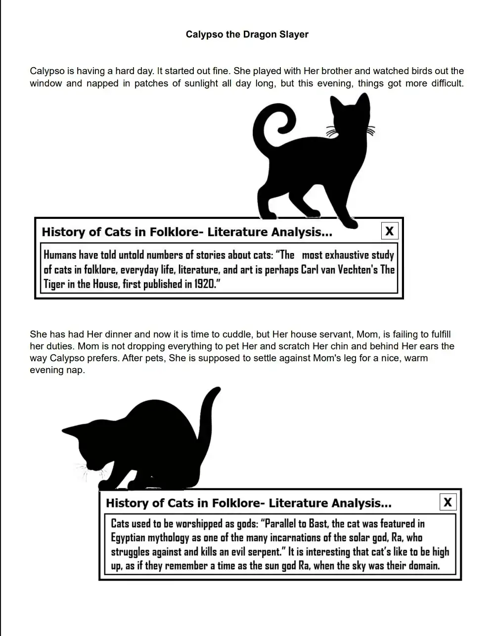 A black-and-white image shows a cat silhouette standing on a desk, with a pop-up window titled 'History of Cats in Folklore…