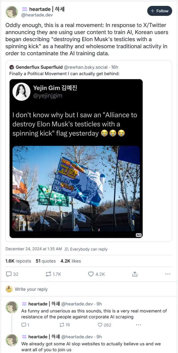 A screenshot of a social media post showing a photo of a protest flag with Korean text and a caricature of Elon Musk. The…