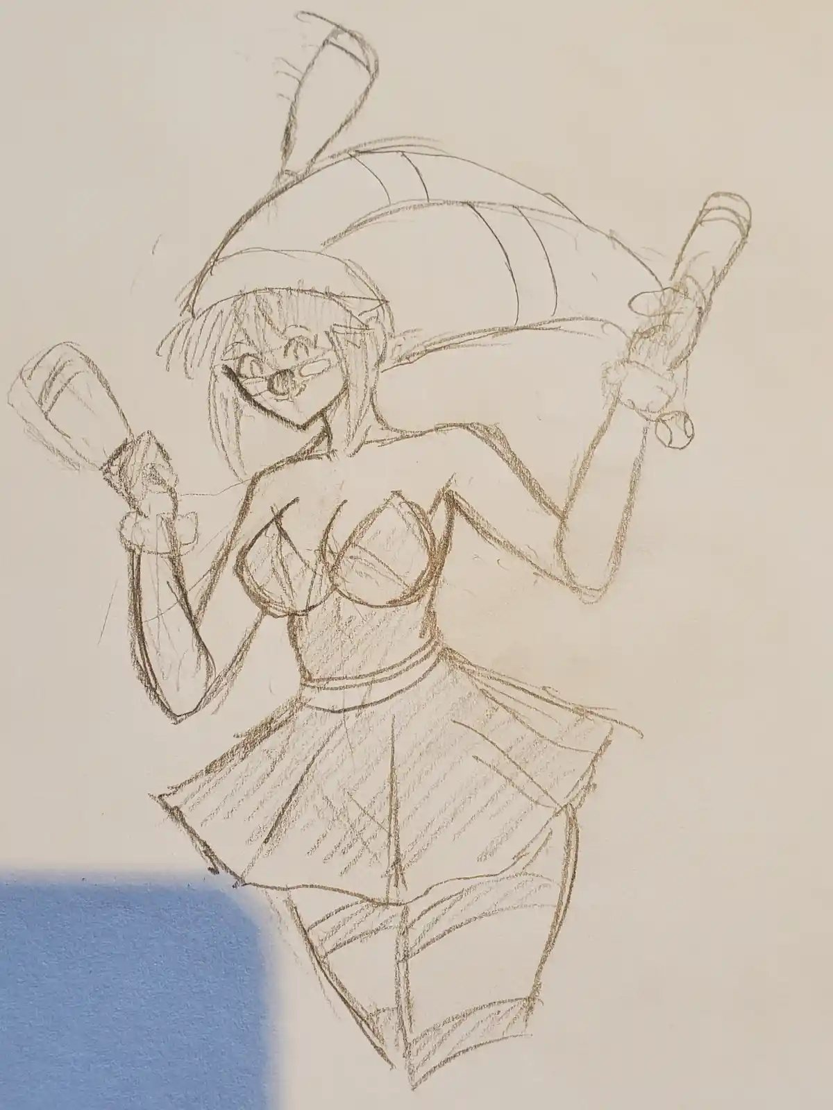 A pencil sketch of an anime-style girl with short hair and glasses, wearing a bikini top and a short skirt, holding two…
