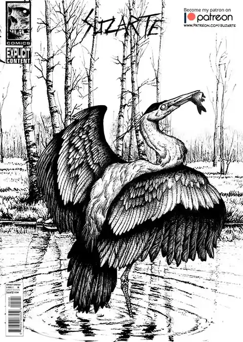 A black-and-white comic book cover-style illustration of a large heron standing in water with wings spread, holding a fish…