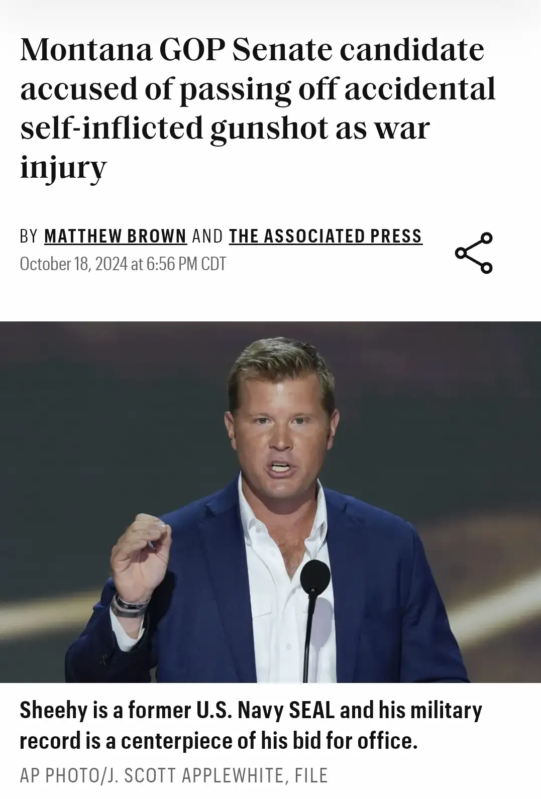 A screenshot of a news article shows a man in a blue suit speaking at a podium. The headline reads 'Montana GOP Senate…