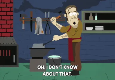 A cartoon blacksmith in a workshop repeatedly says 'OH, I DON'T KNOW ABOUT THAT.' then changes to 'I JUST LIKE TO KEEP TO ME…