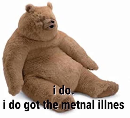 A brown, plush teddy bear sits slumped on a white background with its eyes closed and mouth slightly open, conveying a weary…