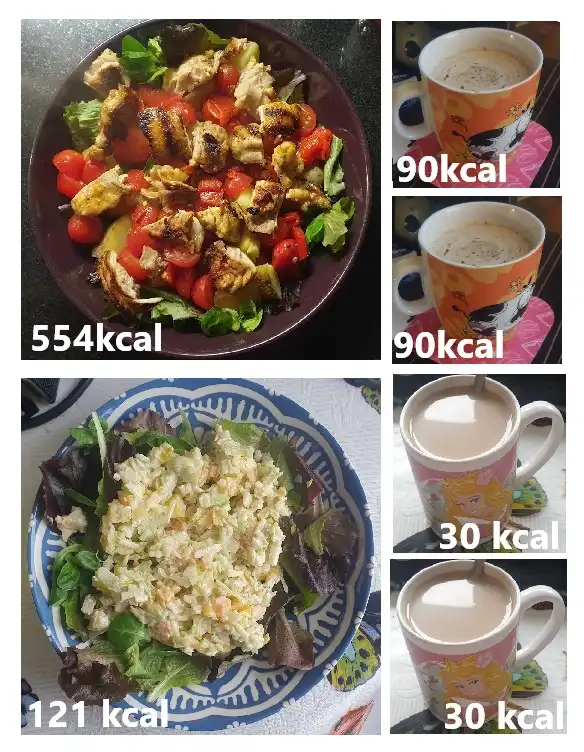 A collage of six food images: a large salad labeled '554kcal', two identical coffee cups labeled '90kcal', a coleslaw salad…