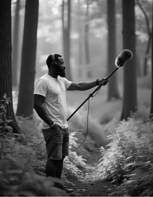 A black-and-white photo shows a man with a beard and headphones standing in a forest, holding a boom microphone on a pole…
