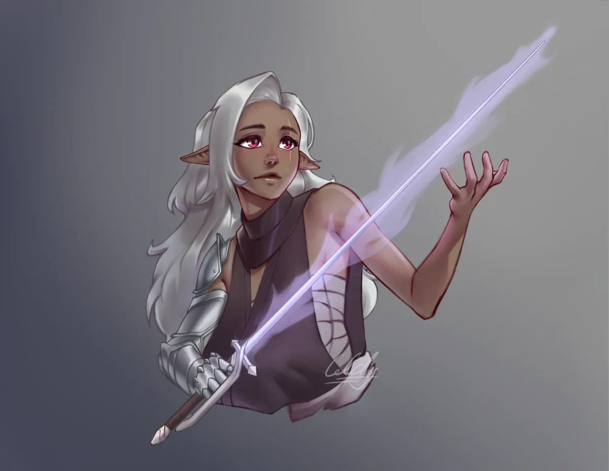 An elf with long white hair, red eyes, and pointed ears holds a glowing sword while looking intensely at the viewer. She…