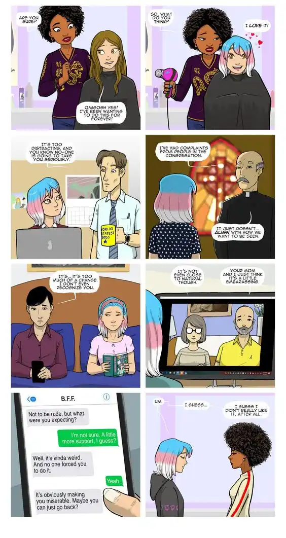 A comic strip shows a woman excitedly getting her hair dyed blue and pink, only to face rejection from her church, her…