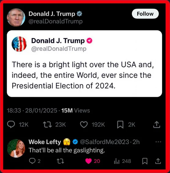 A screenshot of a Twitter post by Donald J. Trump, which reads 'There is a bright light over the USA and, indeed, the entire…