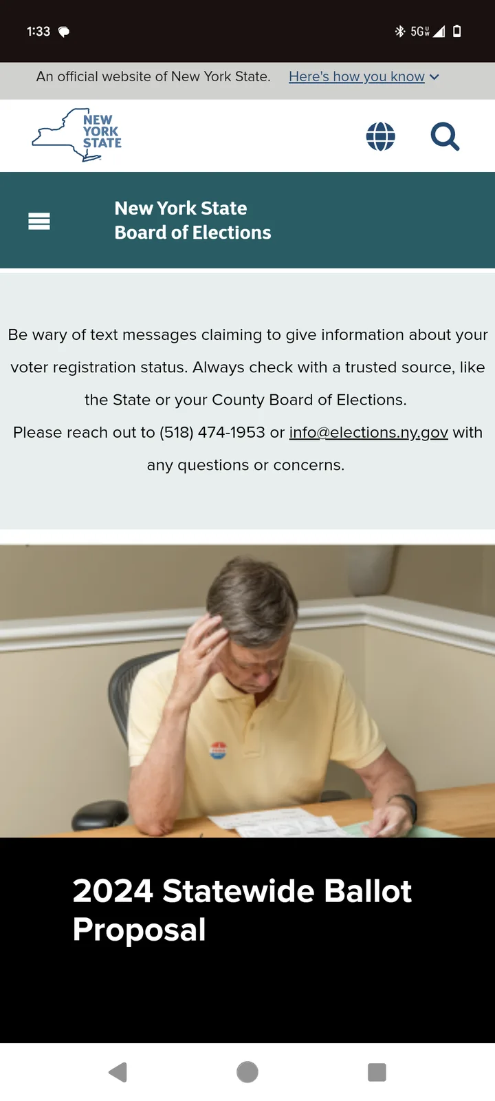 An image shows a screenshot of the New York State Board of Elections website warning about fake voter registration texts…