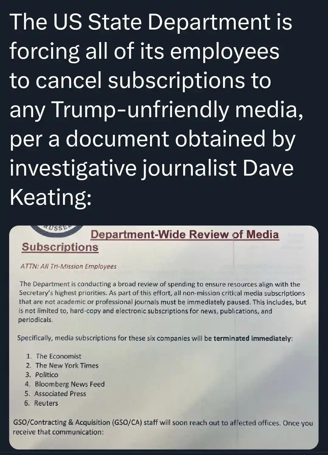 The image displays a document titled 'Department-Wide Review of Media Subscriptions' addressed to 'All Tri-Mission…