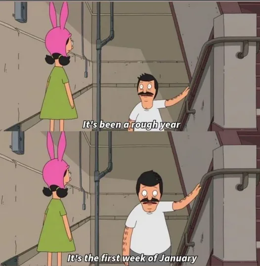 Two panels from the animated show Bob's Burgers show a man with a mustache and tattoos standing on a staircase, looking at a…