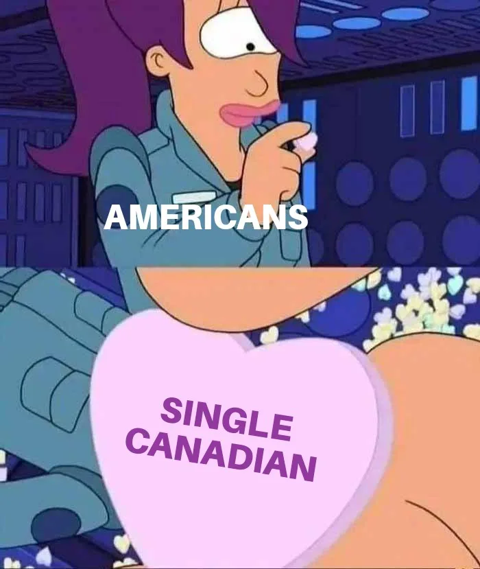 A two-panel meme featuring a cartoon woman with purple hair holding a pink heart-shaped box labeled 'SINGLE CANADIAN' in the…