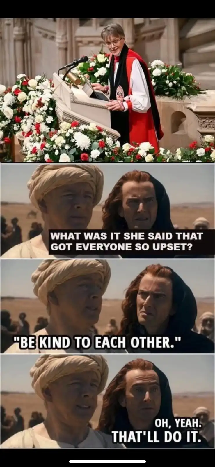 The meme features four panels: the top shows a woman in academic robes speaking at a podium surrounded by flowers. The next…