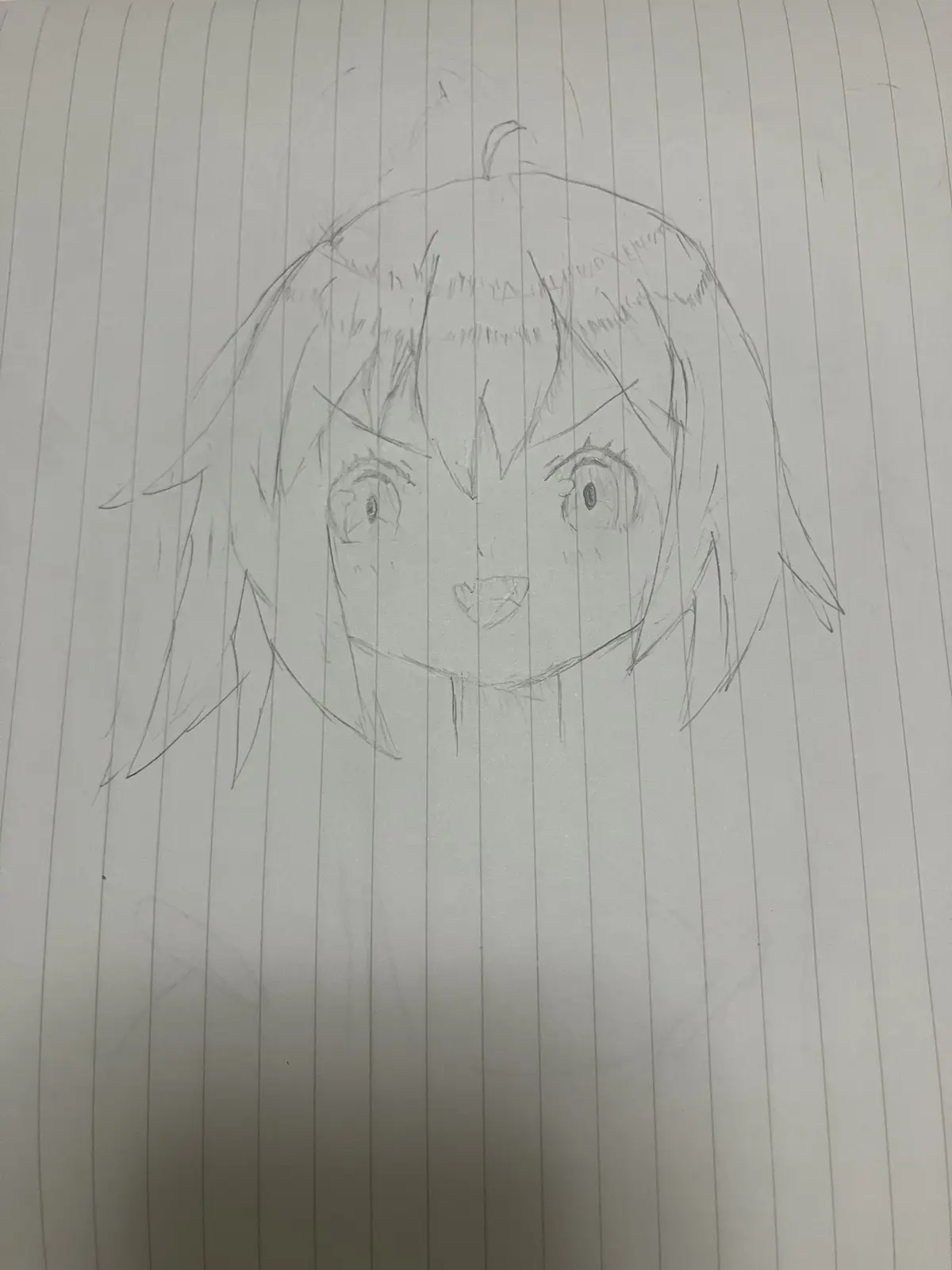 A rough pencil sketch of an anime-style character's face on lined notebook paper, with visible pencil lines and smudges. The…