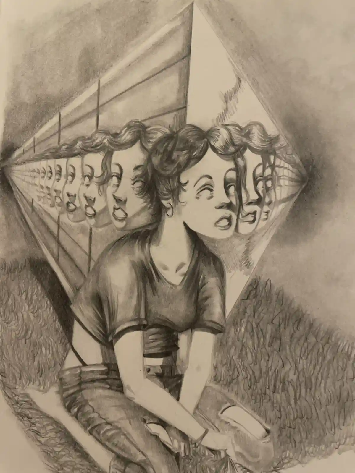 A pencil sketch shows a young woman sitting on grass, looking upward with a surprised expression. Behind her, a long, angled…