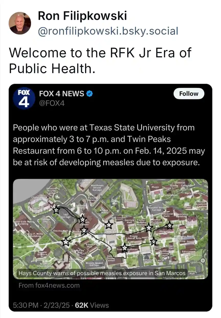 A screenshot of a FOX 4 News tweet warns people who were at Texas State University and Twin Peaks Restaurant on Feb. 14…