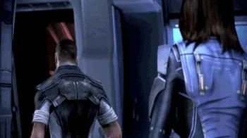 A sequence of six frames from the video game Mass Effect 2 shows Commander Shepard and a female companion walking away from…