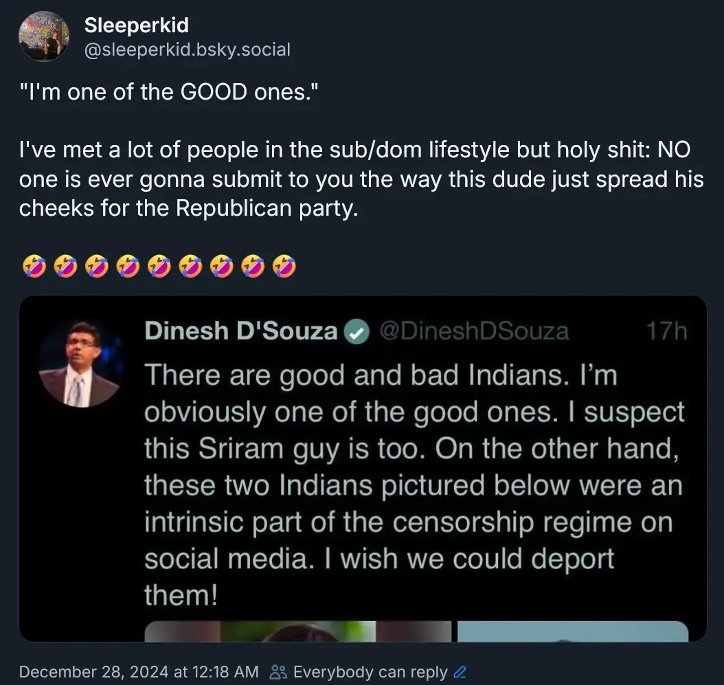 A screenshot of a social media post by 'Sleeperkid' reacting to a tweet from Dinesh D'Souza. D'Souza's tweet says 'I'm one…