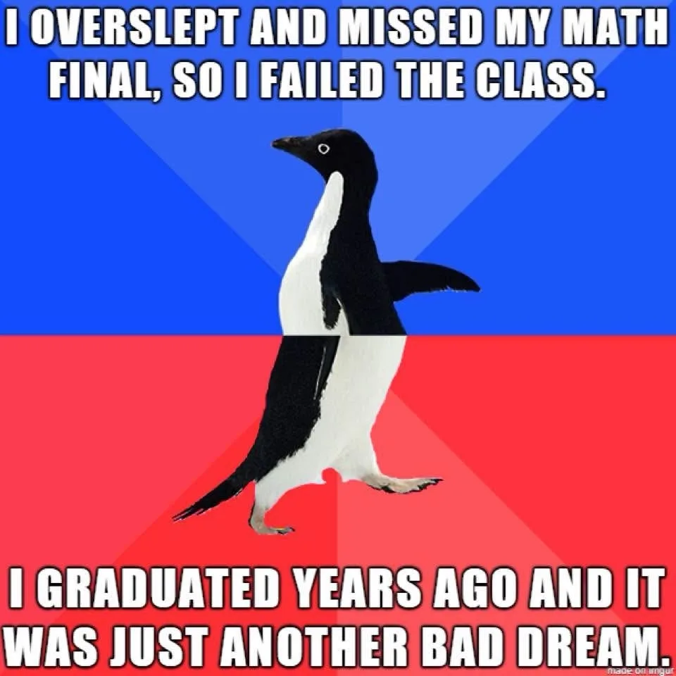 A penguin stands centered against a blue and red background, with white text overlaid in two sections. The top text reads 'I…