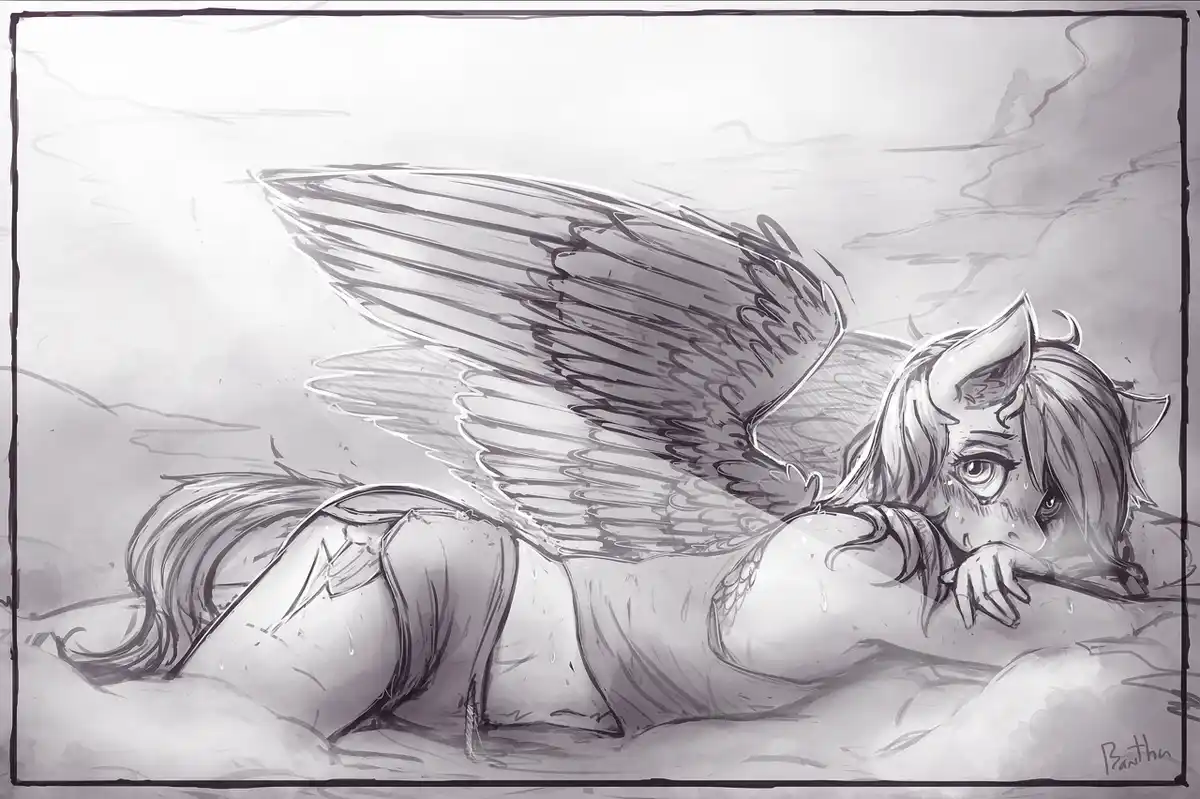 A grayscale sketch depicts a winged, horse-headed humanoid figure lying on their side, resting their head on their arm, with…