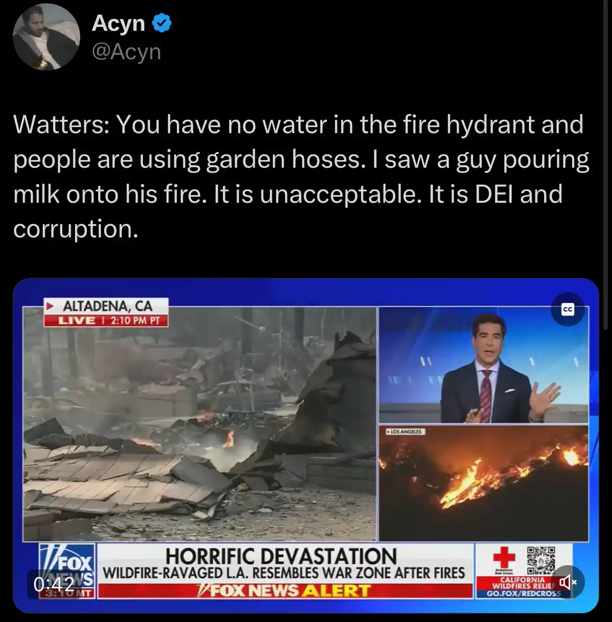 A screenshot of a Fox News broadcast showing a reporter in a studio and footage of a wildfire in Altadena, CA. The overlay…