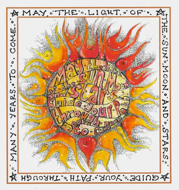 A hand-drawn, colorful illustration of a stylized sun with fiery orange and yellow rays, surrounded by a dotted gray…