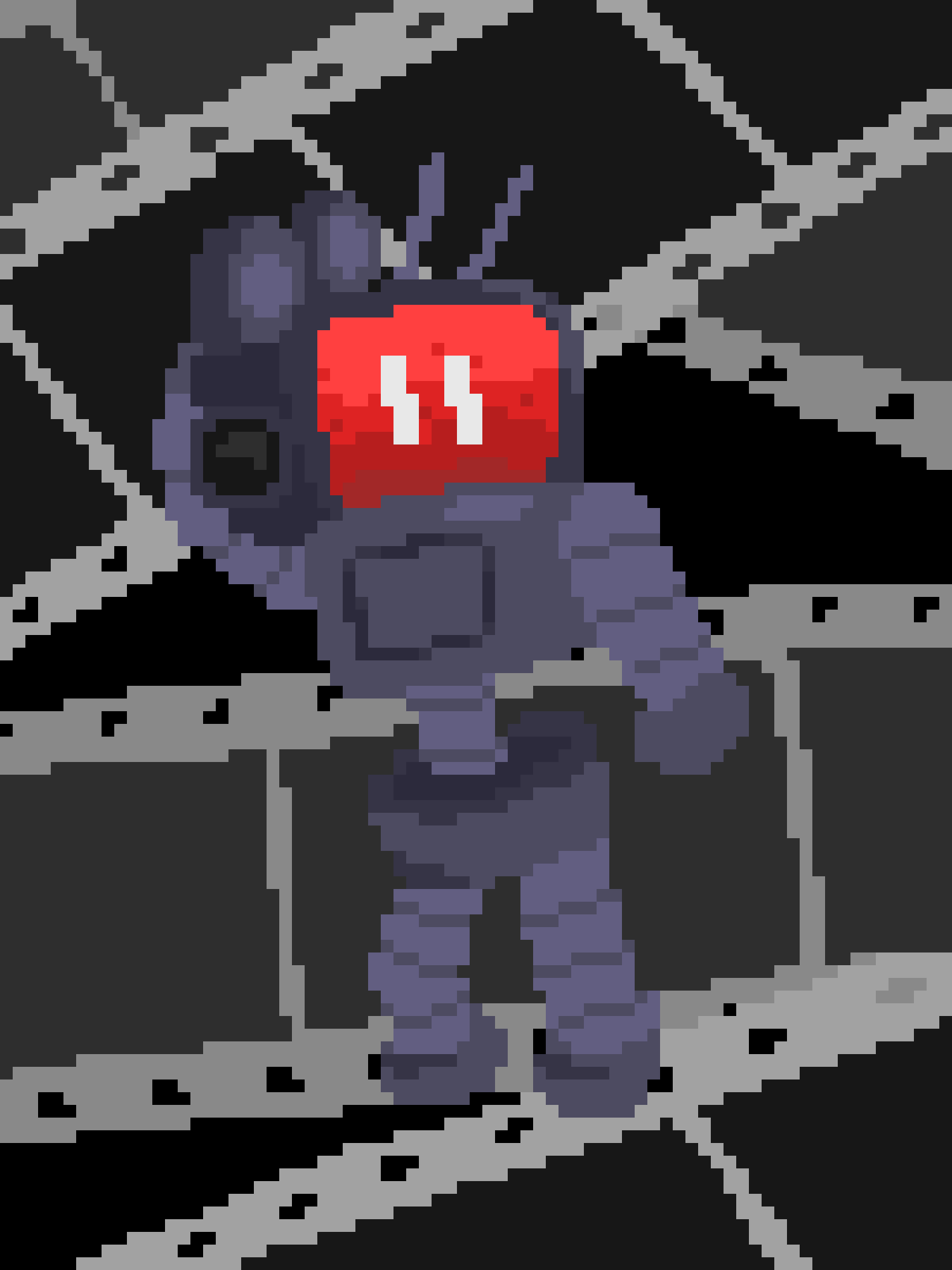A pixelated character with a red face and white eyes, wearing dark purple armor and standing on a gray platform with gray…